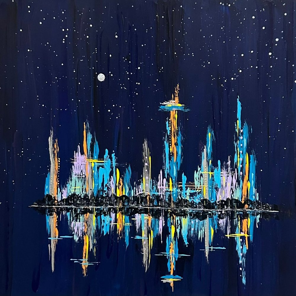 Night in the City Acrylic Cityscape Painting by Deb Bossert Artworks, 10" x 10"